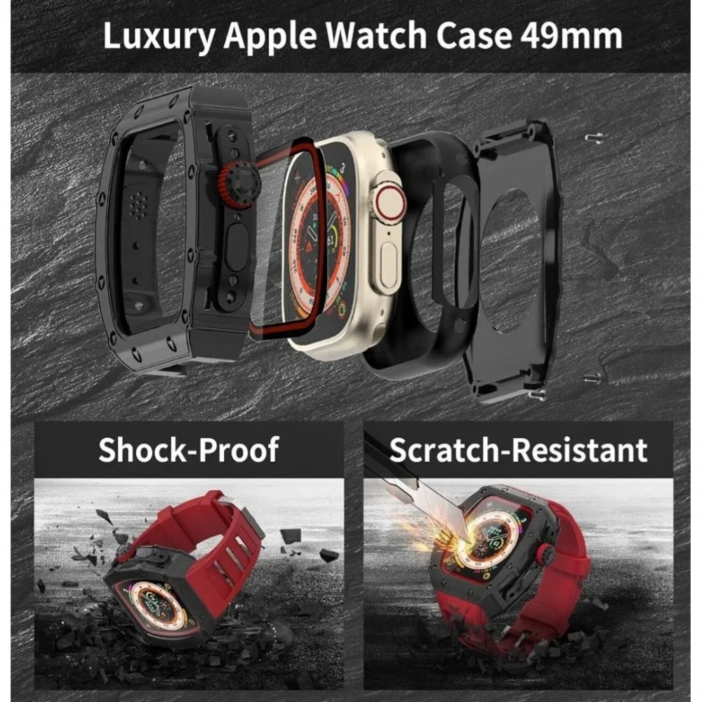 Hualimei Luxury Case Apple Watch Ultra 49mm Black Red Rugged Metal Band HLM49